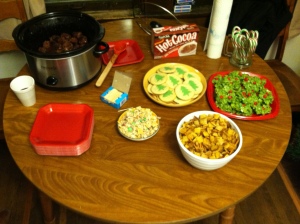 Wreath cookies, Chex mix, cookies, and meat balls.