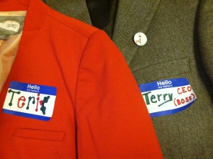 Christmas blazers. Terry with a "y" and Terri with an "i".  I was the CEO/boss man.  